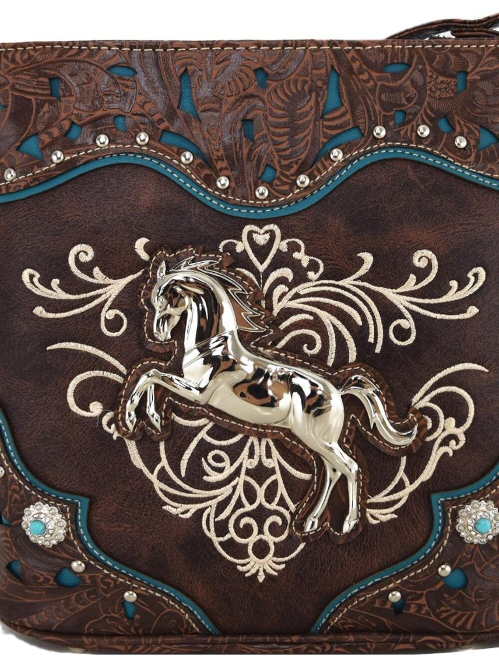 Western Style Horse Purse Embroidered Floral Rhinestone Studs Crossbody Handbags